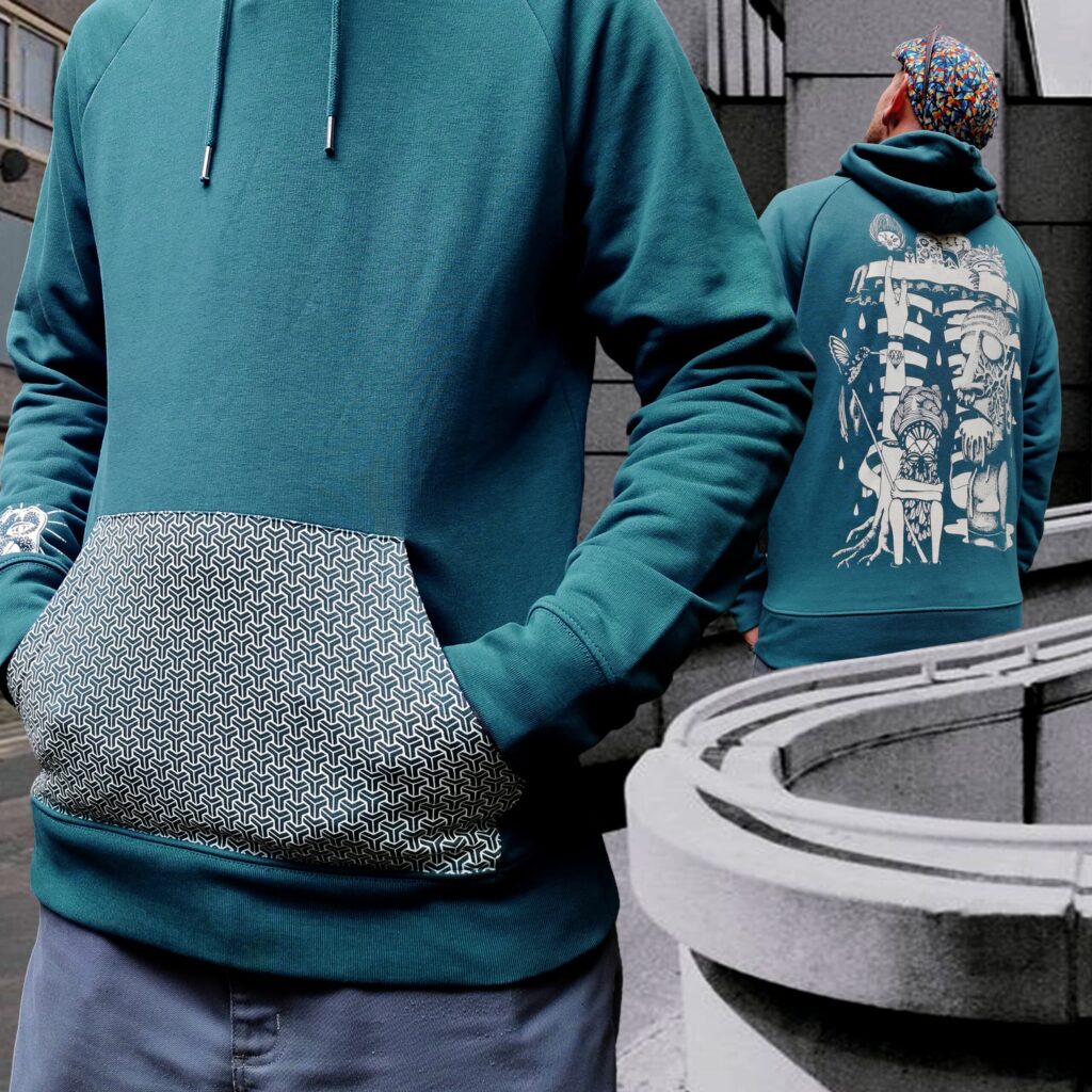 sweat bleu pétrole | hello tiki blanc | poche sérigraphiée