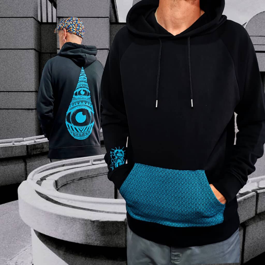sweat noir  | goutte bleue | poche sérigraphiée