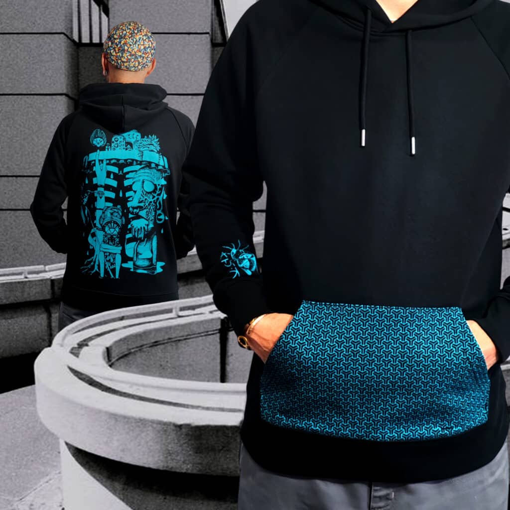 sweat noir | hello tiki bleu | poche sérigraphiée