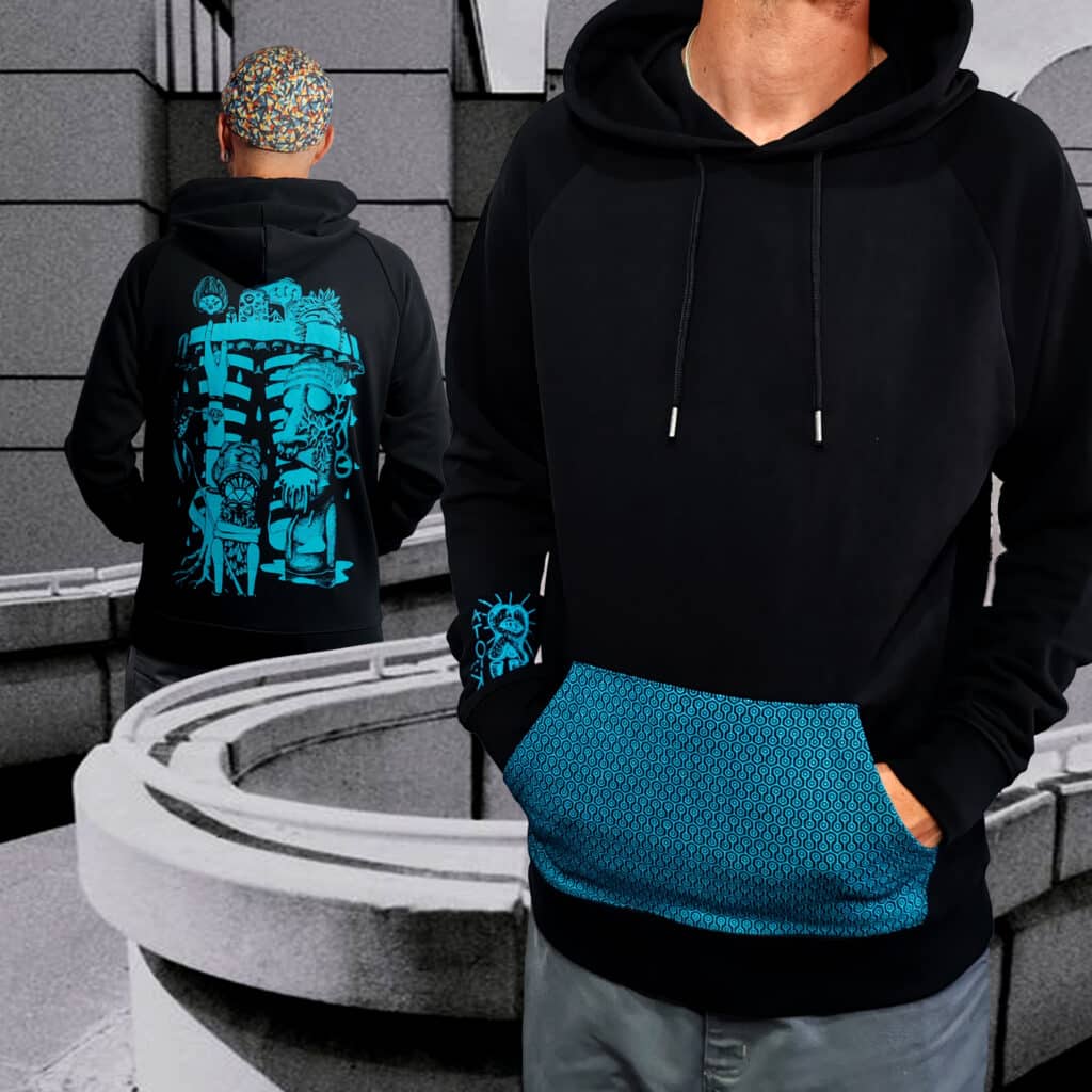 sweat noir | hello tiki bleu | poche sérigraphiée