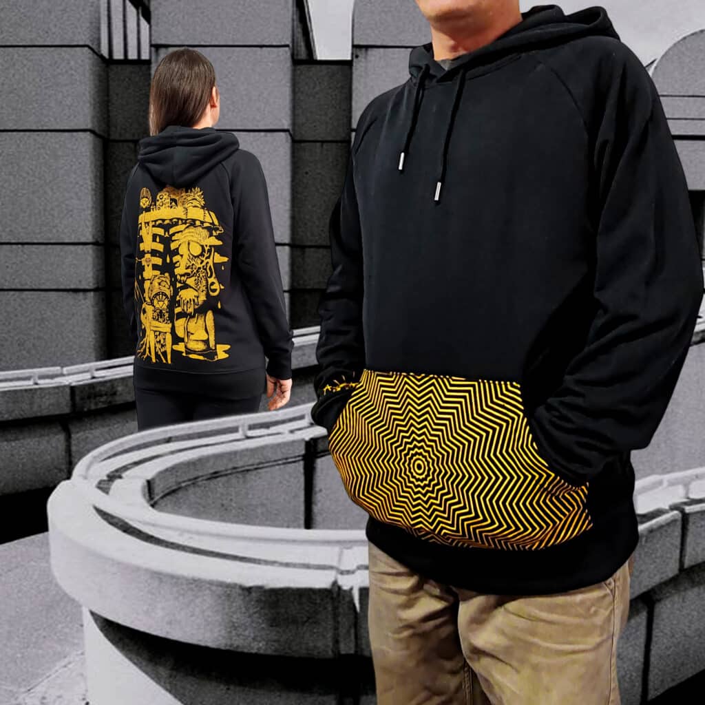 sweat noir | hello tiki jaune | poche sérigraphiée