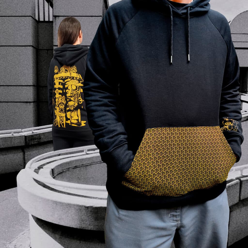 sweat noir | hello tiki jaune | poche sérigraphiée