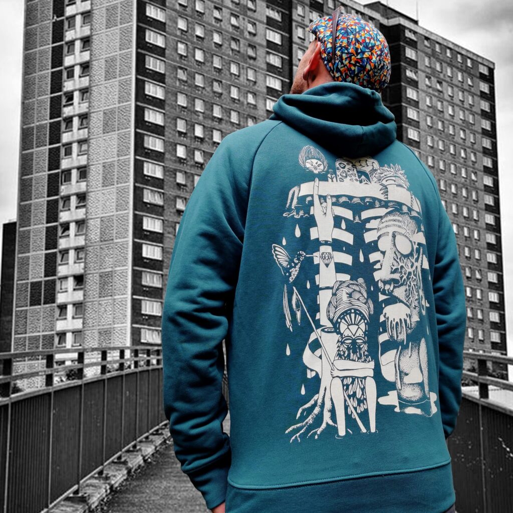 sweat bleu pétrole | hello tiki blanc