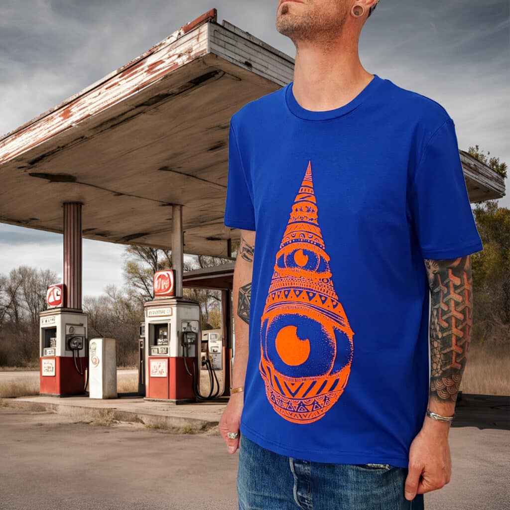 tshirt bleu | goutte orange fluo