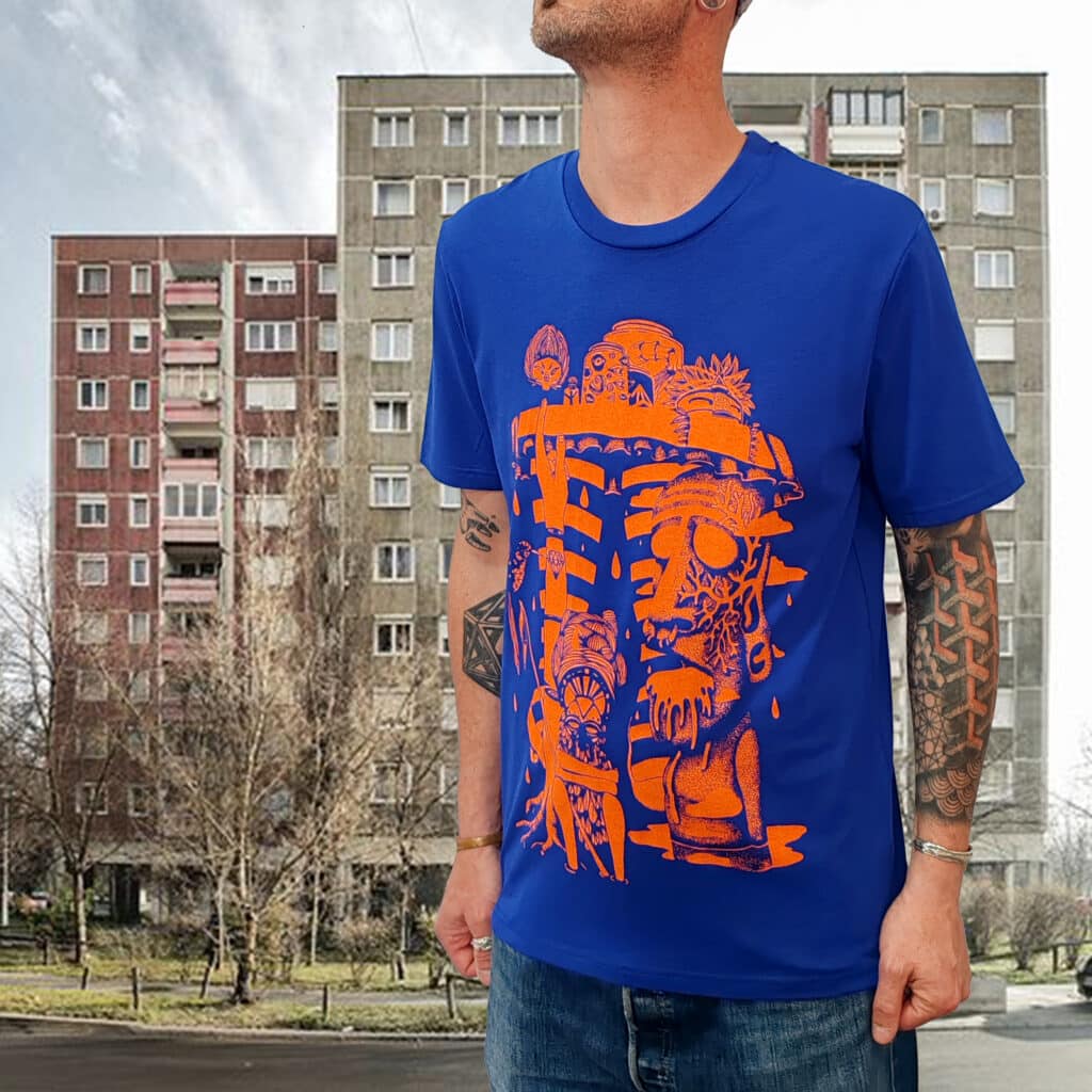 tshirt bleu | hello tiki orange fluo